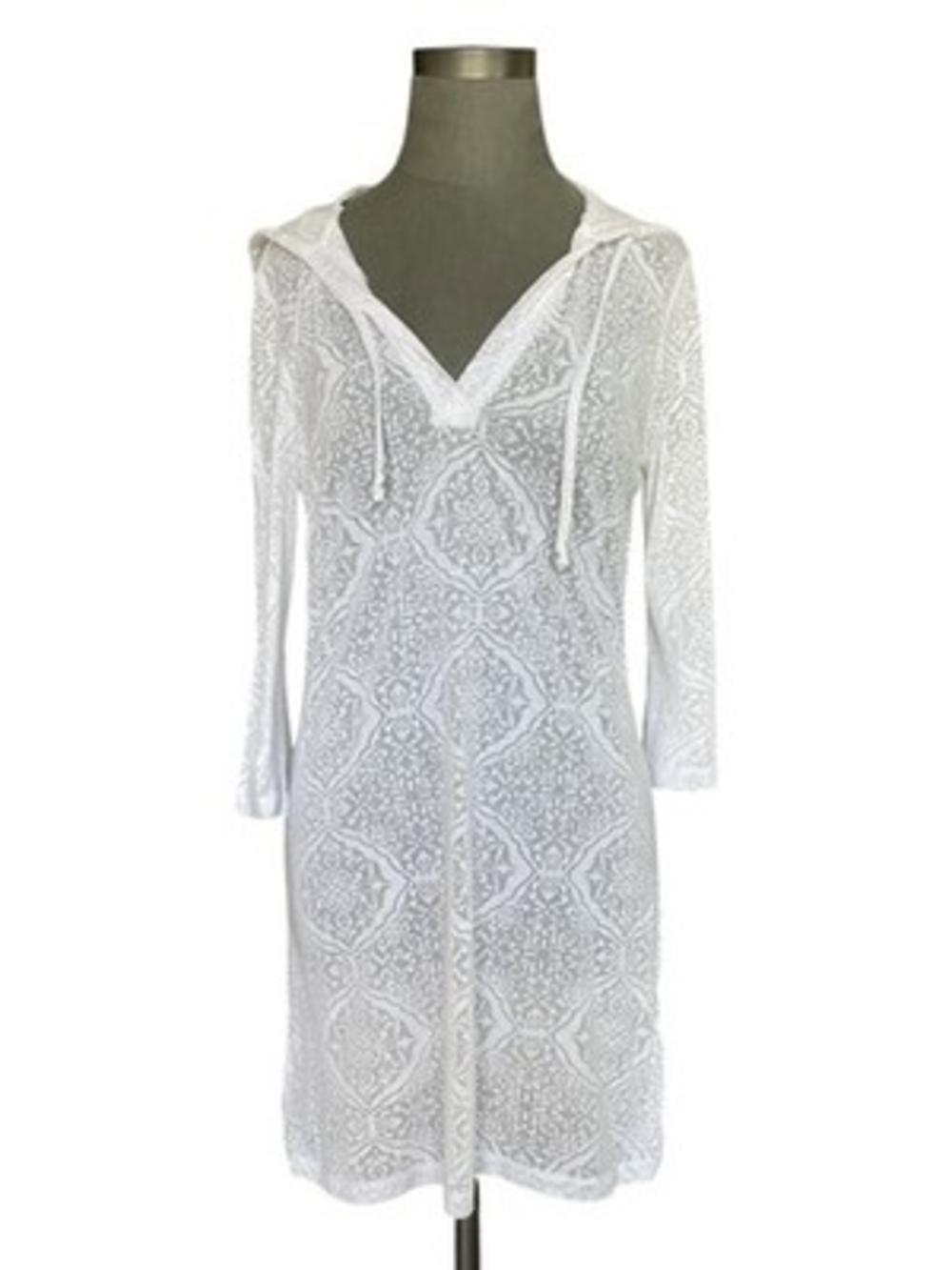 Bally Total Fitness White Hooded Burnout Tunic Cover Up Dress Women's M VG - Picture 8 of 10